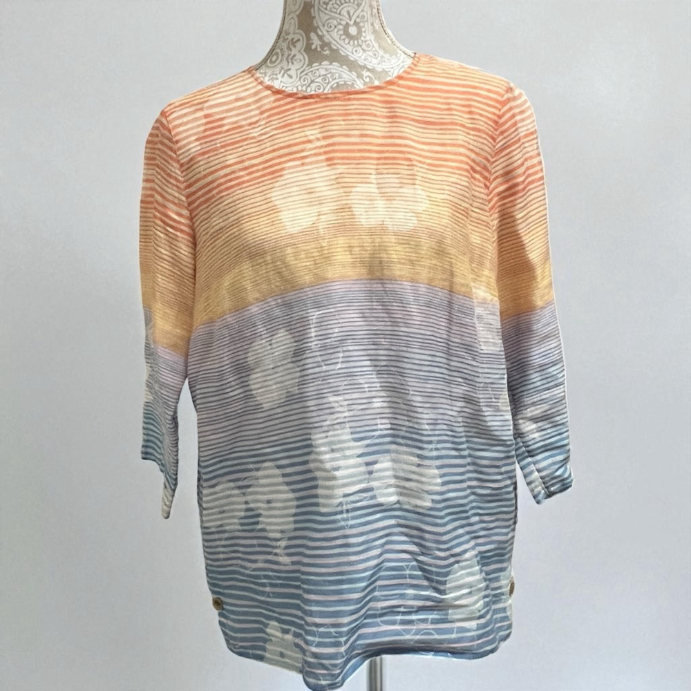 J. Jill Linen Blouse Small Striped Ombre Floral Boho Casual Lightweight Top